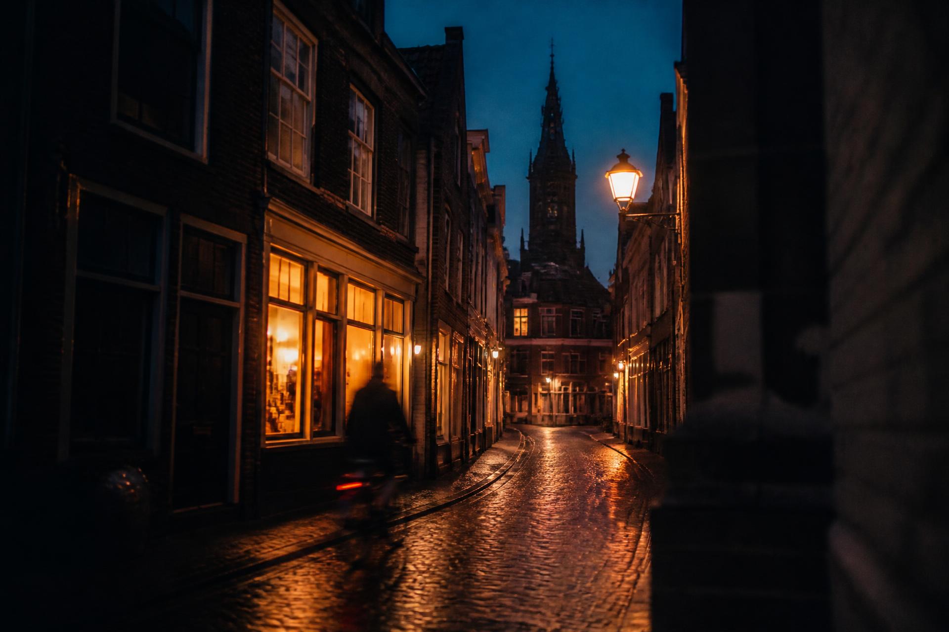 De Bergstraat 14 in Deventer in de avond, met de bistro aan de hoek